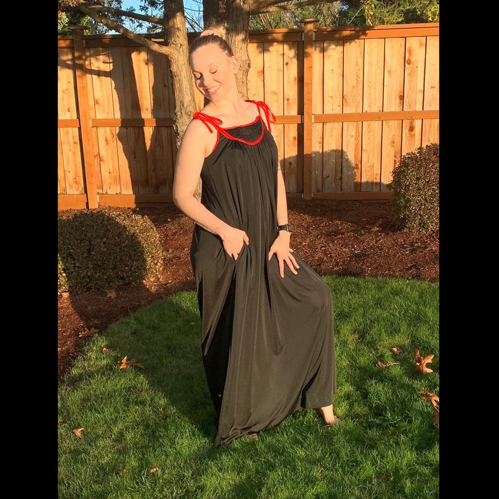 1970s Geoffrey Beene Black and Red A-line Maxi Dress - Loungewear Maxi Dress